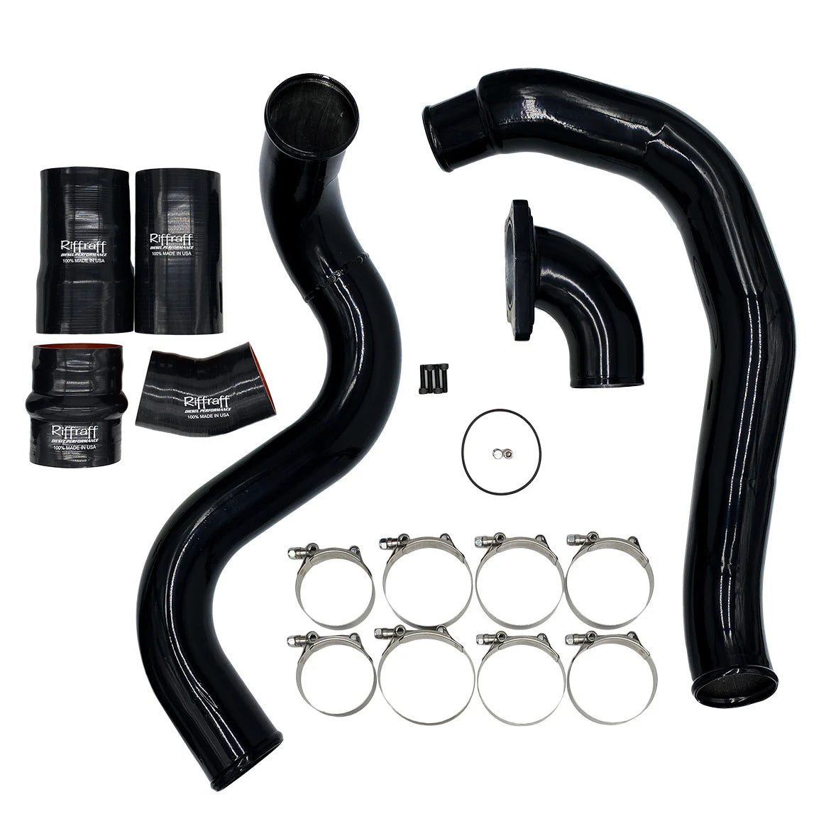 Black automotive inteercooler pipes and clamps on a white background