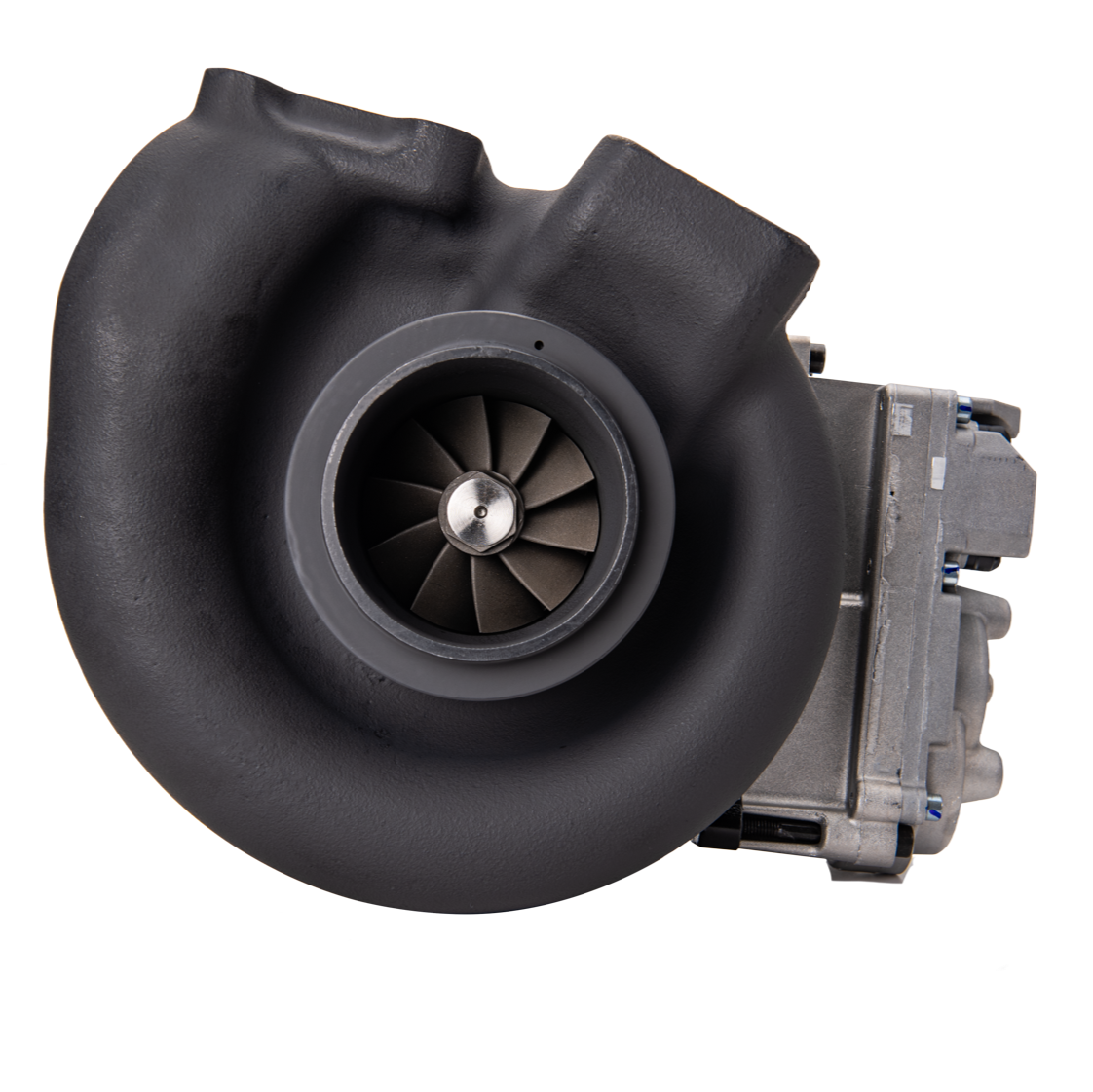 Cheetah® Turbocharger for 2013-2018 6.7L Cummins view of back side of turbo. Can see turbine
