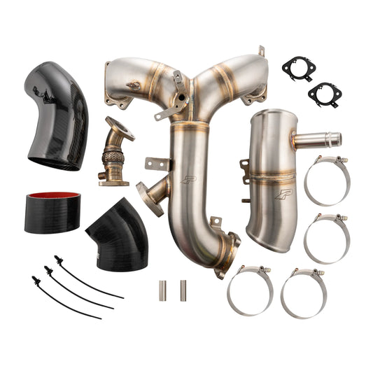 An image showing the components of the Zilla Intake Manifold and Turbo Inlet Kit which include various stainless steel tubes, manifolds, gaskets, and black silicone couplers.