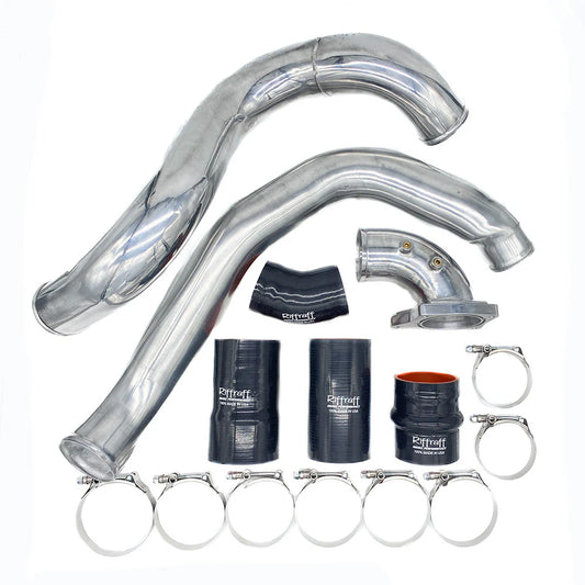 Set of metal exhaust pipes and clamps on a white background